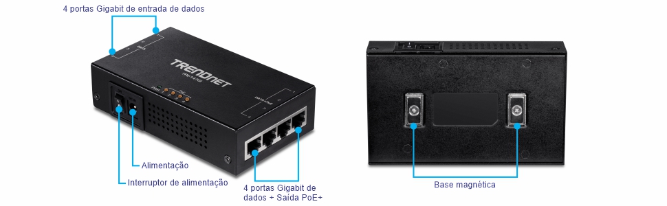 Várias visualizações de um injetor Gigabit PoE+ de 4 portas de 65 W. A visualização em ângulo frontal esquerdo é rotulada com quatro portas de entrada de dados Gigabit, uma chave liga/desliga, uma porta de alimentação e quatro portas de saída Gigabit Data + PoE+. A vista direita mostra a parte inferior do dispositivo, rotulada com um suporte magnético.